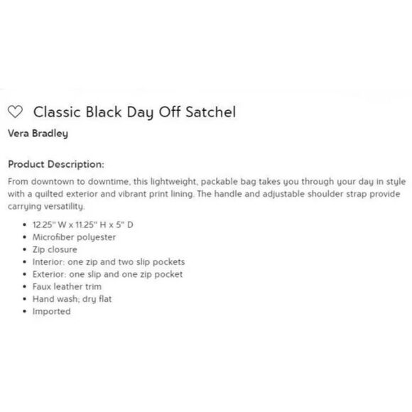 VERA BRADLEY DAY OFF SATCHEL SHOULDER BAG CLASSIC BLACK SIGNATURE RETIRED NWOT - Picture 5 of 12